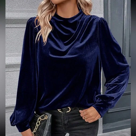 Luxe navy blue draped velvet top - Picture 3 of 16